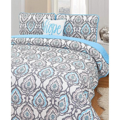 Jade Blue and Gray Reversible Microfiber Twin Quilt Set
