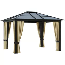 Outsunny 10x12 Polycarbonate Hardtop Gazebo, Gazebo Canopy with Aluminum Frame, Curtains and Netting for Garden, Patio, Backyard, Beige