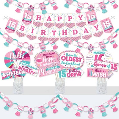 Big Dot of Happiness Girl 15th Birthday - Banner and Photo Booth Decorations - Teen Birthday Party Supplies Kit - Doterrific Bundle