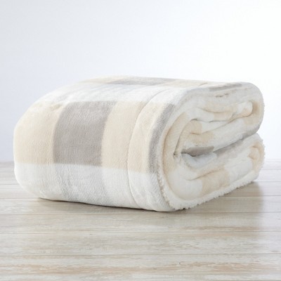 Twin Soft Taupe and Pale Grey Buffalo Check Fleece Sherpa Reversible Blanket