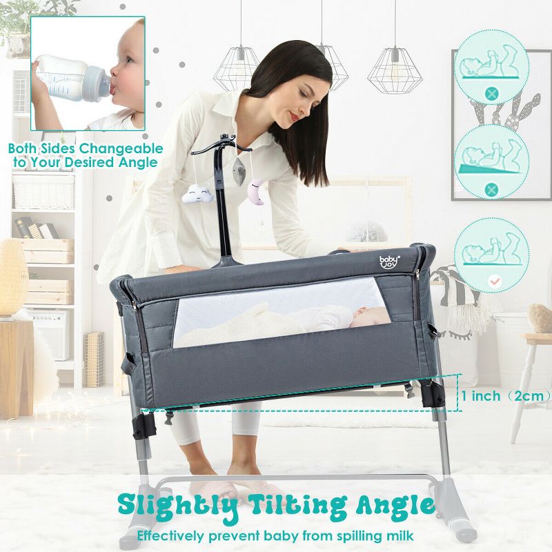 Costway Portable Baby Bed Side Crib Height Adjustable W/ Music Box & Toys, 4 of 11