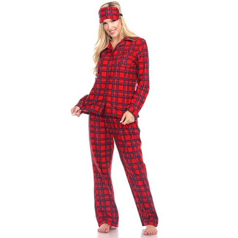 Women's Three-Piece Pajama Set Red Plaid Medium - White Mark