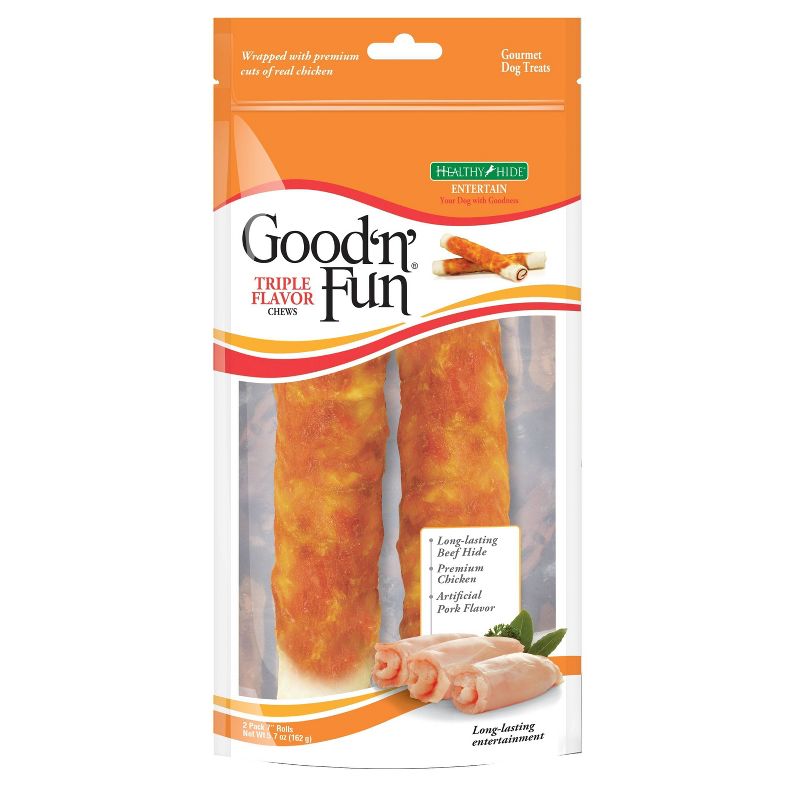 Good &#39;n&#39; Fun Large Triple Flavored Pork, Beef and Chicken Wrapped Roll Rawhide Dog Treats - 2ct, 1 of 7