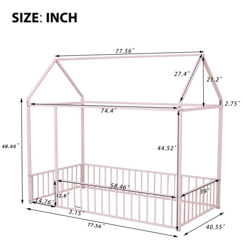 Twin/Full Size Metal Bed House Bed Frame with Fence, Floor Bed for Kids, Teens - ModernLuxe, 3 of 9