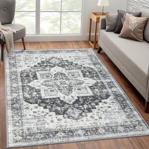 9x12 Area Rug Washable, Low-Pile Rug with Non-Slip Rubber Backing, Boho Vintage Style, Ideal for Bedroom Living Room Home Office Playroom, Blue - 1 of 4