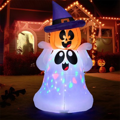 Joyfy 5 FT Tall Halloween Inflatable Outdoor Decoration, Inflatable Playful Ghost with Pumpkin Witch Hat for Outdoor Yard Graden Lawn Decoration