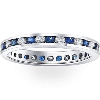 Pompeii3 1CT Blue Sapphire & Diamond Channel Set Eternity Wedding Ring 14K White Gold