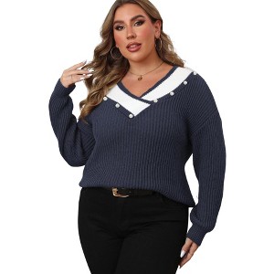 Coolmee Women's Plus Size V Neck Sweaters Long Sleeve Lightweight Knit Pullover Tops with Decorative Buttons - 1 of 4
