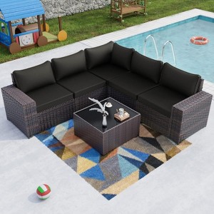 ALAULM Outdoor Patio Furniture Set Outdoor Sectional Rattan Sofa Set Brown Manual Wicker Patio Conversation Set with Cushions - 1 of 4