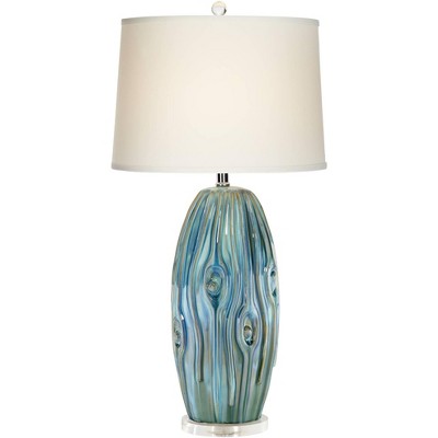 Possini Euro Design Coastal Table Lamp Ceramic Blue Green Swirl Glaze Neutral Oval Shade for Living Room Family Bedroom Bedside