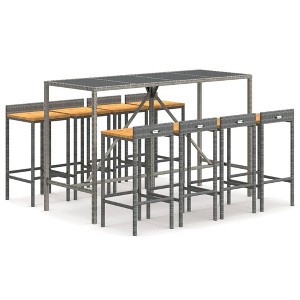 vidaXL 9-Piece Gray Poly Rattan & Solid Acacia Wood Patio Bar Set with Tempered Glass Tabletop and Comfortable Stools for Outdoor Living Spaces - 1 of 4