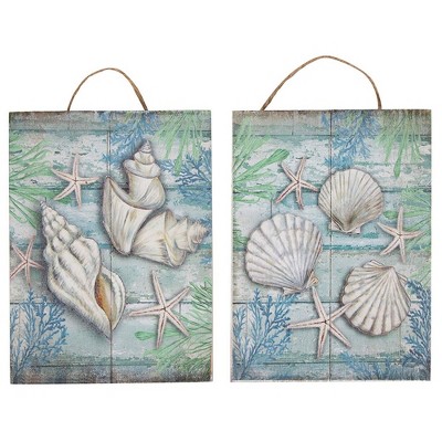 Juvale Wooden Wall Ornament - 2-Piece Small Hanging Decorations Under The Sea Seashells Design, Natural Decor Living Room, Hallway Dining, 8x5.9x0.9"