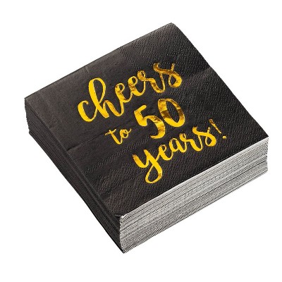 Blue Panda 50-Pack "Cheers to 50 Years" Disposable Paper Napkins 5" Black Birthday Anniversary Party Supplies