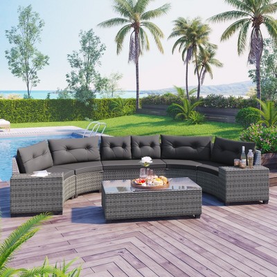 Sapphtopaz Patio Furniture Set Wicker Sectional Outdoor Chairs with Acacia Wood Legs, Glass Coffee Table for Garden, Backyard, Terrace
