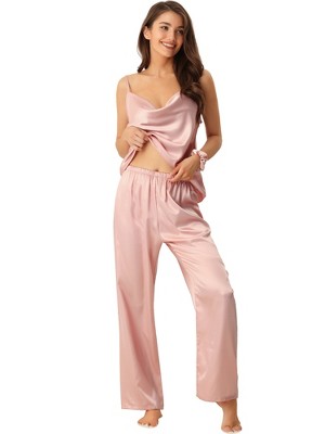 cheibear Women's Satin Cowl Neck Cami Top with Long Pant PJ Loungewear Silky Pajama Set