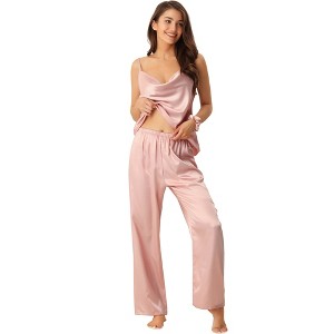 cheibear Women's Satin Cowl Neck Cami Top with Long Pant PJ Loungewear Silky Pajama Set - 1 of 4