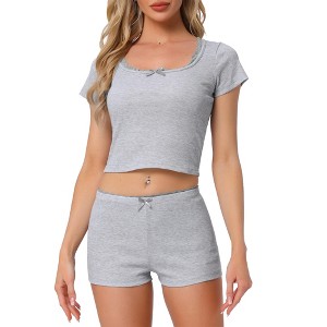 INSPIRE CHIC Women's Cotton Lace Trim Short Sleeve Top and Shorts Pajama Sets - 1 of 4