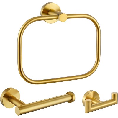 Mixxidea Round Double Towel Hook Bundle with Toilet Paper Holder, Square Towel Ring (Brushed Gold)