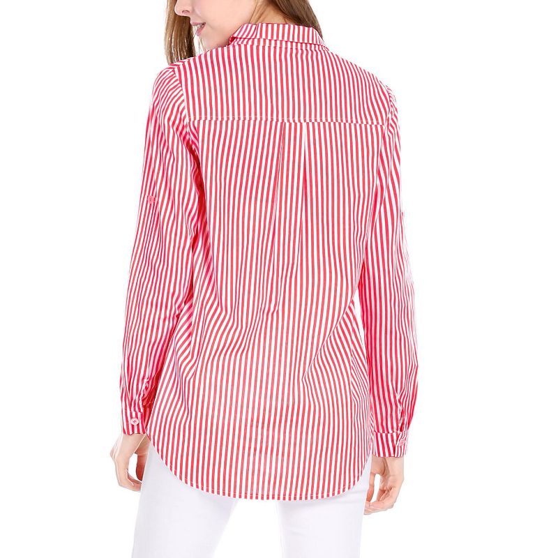 Allegra K Women's Striped Button Down Roll-up Long Sleeves Point Collar Shirt, 5 of 6