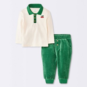 Baby Boys' Christmas Holiday 2pc Long Sleeve Polo Shirt and Knit Corduroy Pants Set - Cloud Island™ Cream - 1 of 4