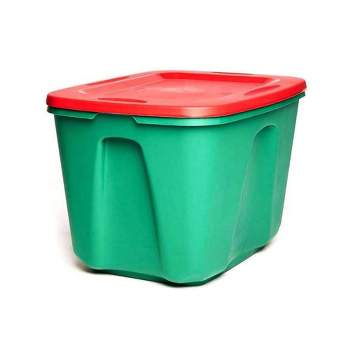 HOMZ 6618MXDC.04 18 Gallon Stackable and Nestable Heavy Duty Plastic Holiday Storage Container with 4 Way Handles, Green/Red, (4 Pack)