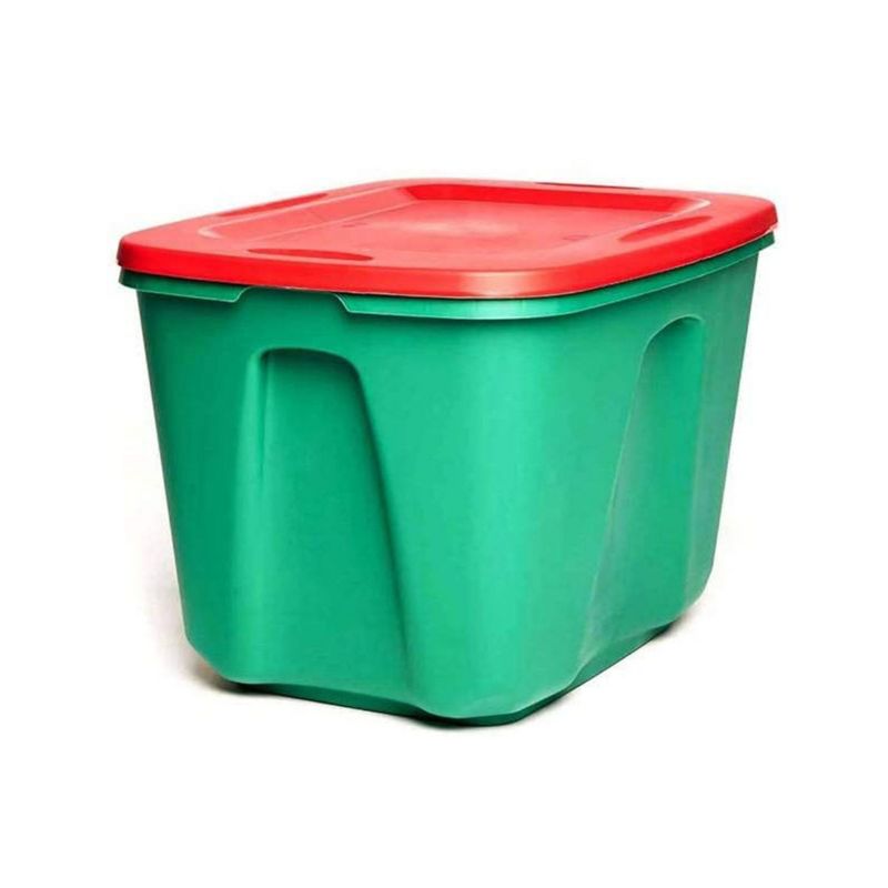 HOMZ 6618MXDC.04 18 Gallon Stackable and Nestable Heavy Duty Plastic Holiday Storage Container with 4 Way Handles, Green/Red, (4 Pack), 1 of 7