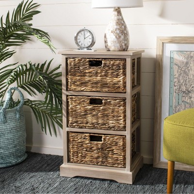 Transitional Brown Pine Wood Rectangular Side Table with 3 Wicker Baskets