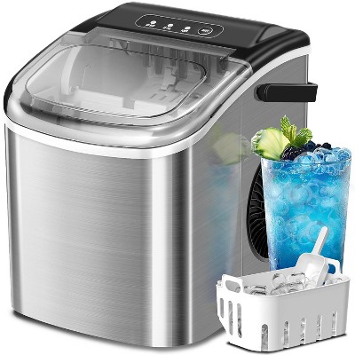 ZAFRO Ice Maker Countertop, Portable Stainless Steel Ice Machine with Self-Cleaning,26.5lbs/24H,9 Bullet Ice Cubes in 6 Mins,Ice Basket and Scoop