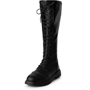 Allegra K Women's Lace Up Back Zip Round Toe Flat Low Heel Knee High Boots - 1 of 4