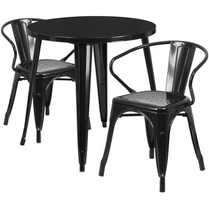 Emma and Oliver Commercial 30" Round Black Metal Indoor-Outdoor Table Set with 2 Arm Chairs - 1 of 4