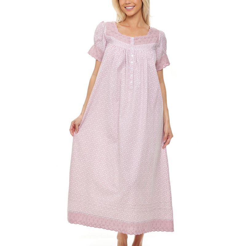Women's Cotton Victorian Nightgown, Amelia Short Sleeve Lace Trimmed Button Up Long Vintage Night Dress Gown, 1 of 7