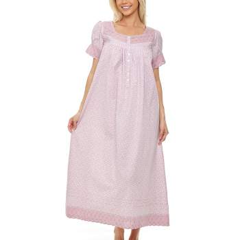 Women's Cotton Victorian Nightgown, Amelia Short Sleeve Lace Trimmed Button Up Long Vintage Night Dress Gown
