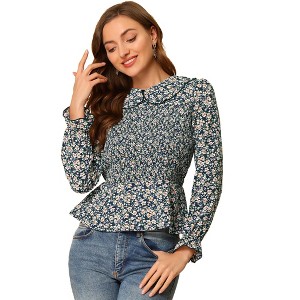 Allegra K Women's Peter Pan Collar Long Sleeve Casual Chiffon Floral Smocked Top - 1 of 4
