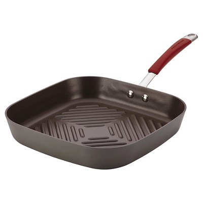 Rachael Ray 11  Hard-Anodized Nonstick Deep Square Grill Pan - Gray with Cranberry Red Handle
