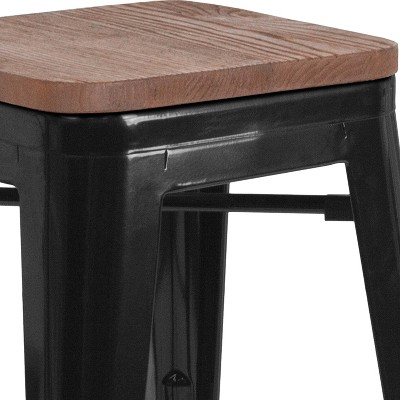 24" Black Metal and Wood Backless Counter Stool