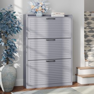 Shoe Cabinet with Flip Louvered Doors, Narrow Shoe Rack with Metal Hinges - 1 of 4