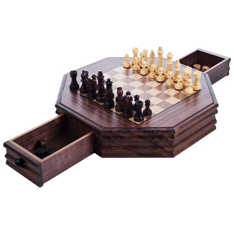 Toy Time Octagonal Chess and Checkers Set - Wooden Chessboard with 2 Storage Drawers and Carved Staunton Pieces, 2 of 3
