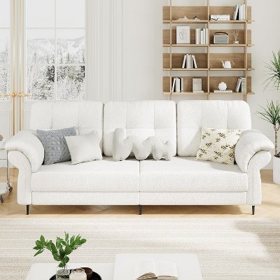 Acekool 84" Living Room Sofa, Curved Armrests with Removable Pillows and Side Pockets, Teddy Wool Couch for Modern Home