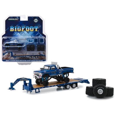 1974 Ford F-250 Monster Truck "Bigfoot" w/Gooseneck Trailer & Regular & Replacement 66" Tires 1/64 Diecast by Greenlight