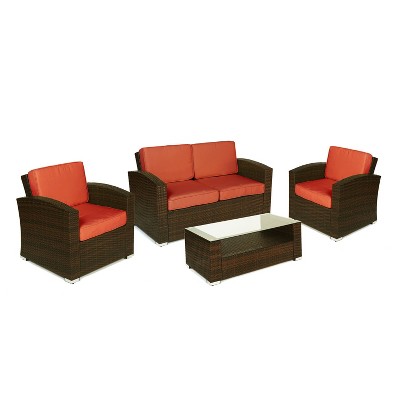 Bahia 4pc Outdoor Wicker Sofa Seating Set with Cushions - Dark Brown/Orange - Thy-Hom