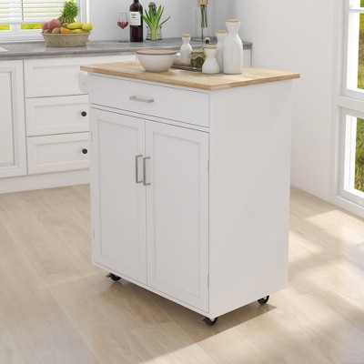 Vynxaria Kitchen island rolling trolley cart with Adjustable Shelves and towel rack rubber wood table top