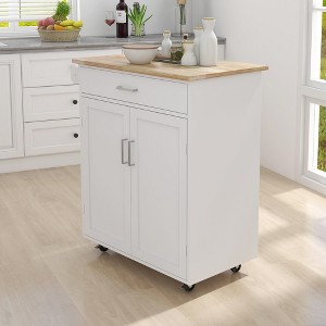 Vynxaria Kitchen island rolling trolley cart with Adjustable Shelves and towel rack rubber wood table top - 1 of 4