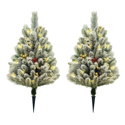 Artificial Christmas Tree 30inch Prelit 2 Set Pathway Porch Christmas Trees Outdoor Xmas Decor for Entrance Yard Garden, Red Berries