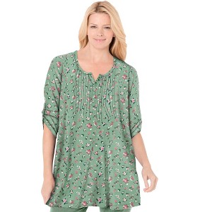 Woman Within Plus Size 7-Day Three-Quarter Sleeve Pintucked Henley Tunic - 1 of 4