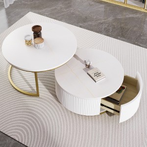 Lyngins Modern Round Nesting Coffee Table Set with Fluted Design, Versatile Center Table with Drawer & MDF Top, Sofa Table for Living Room - 1 of 4