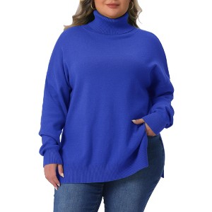 Women's Plus Size Turtle Neck Long Sleeve Knit Side Slit Casual Loose Pullover Sweater - Agnes Orinda - 1 of 4