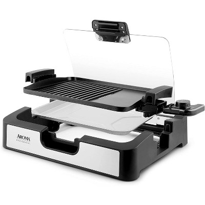 Compact Black and Silver Electric Indoor Grill with Glass Lid