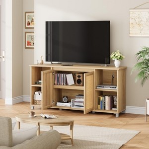 70" Mid-Century Modern TV Stand with Rattan Doors,2 Storage Cabinets & 3 Open Shelves - 1 of 4