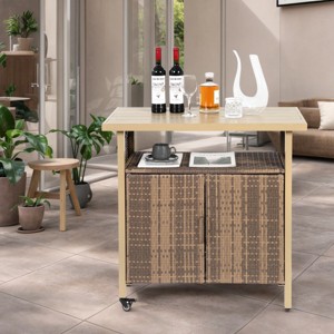 Outdoor Wicker Bar Cart, Bar Cart Outdoor With Wheels , Rolling Rattan Beverage Bar Counter Table Glass Top-Cuddlewood - 1 of 4