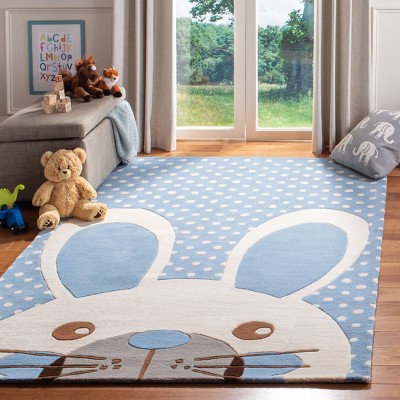 Blue and Ivory Wool Hand-Tufted Kids Bunny Rug